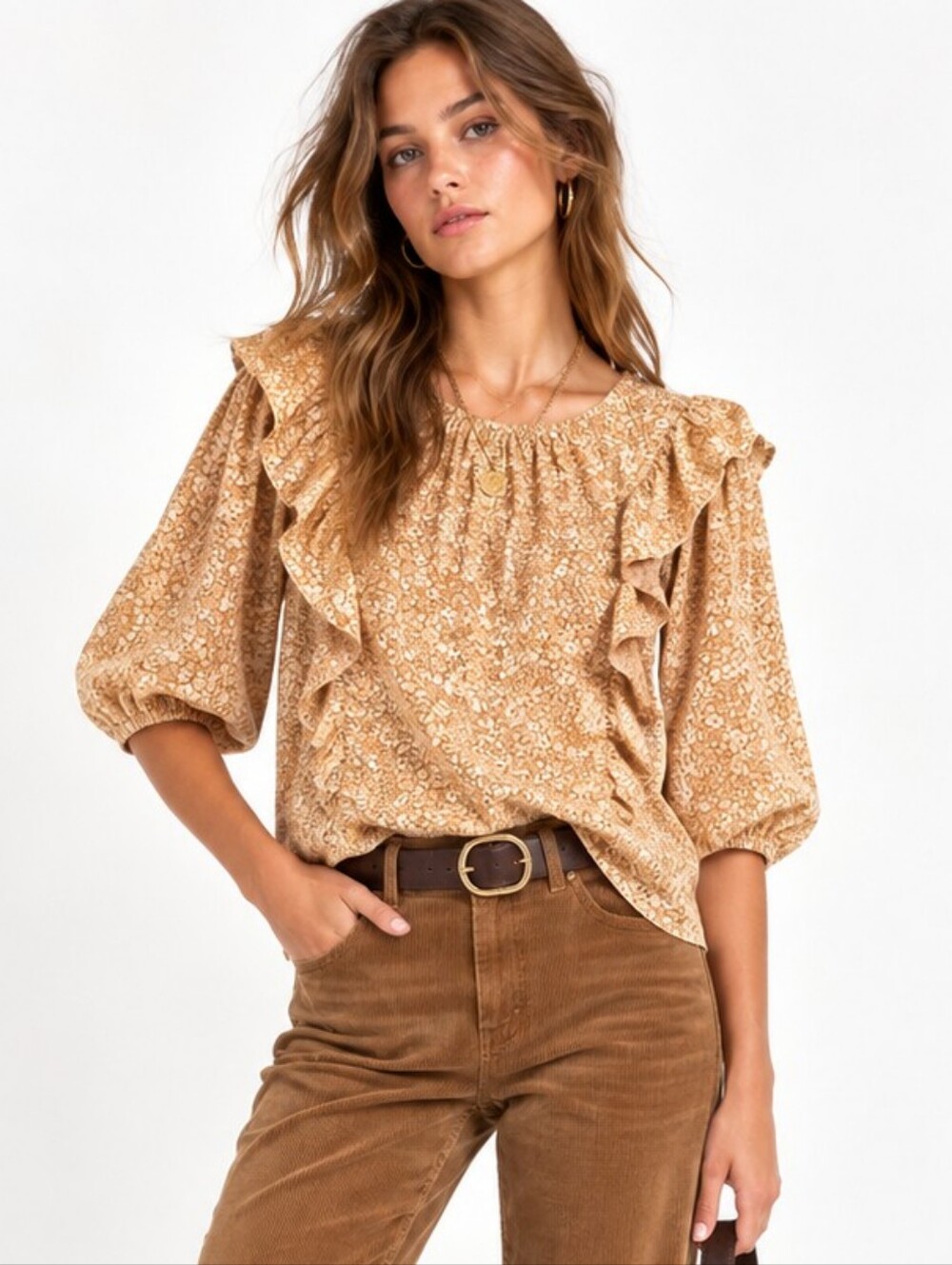 Universal Thread Tan Ruffle Top Puff Sleeves